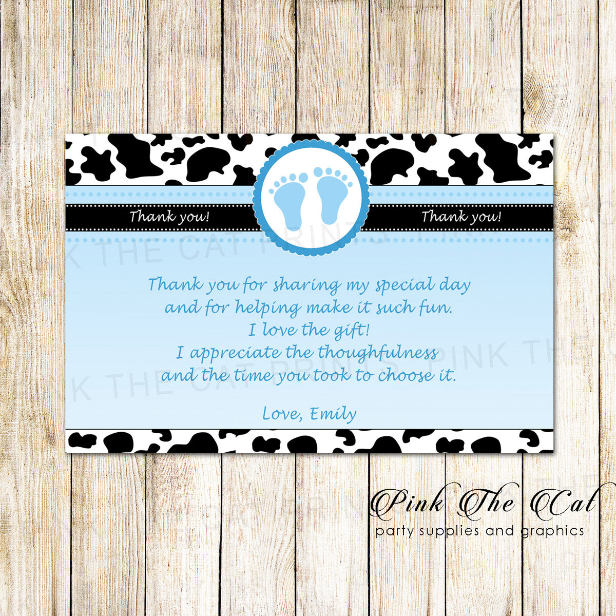 30 Cowhide thank you card boy baby shower blue black