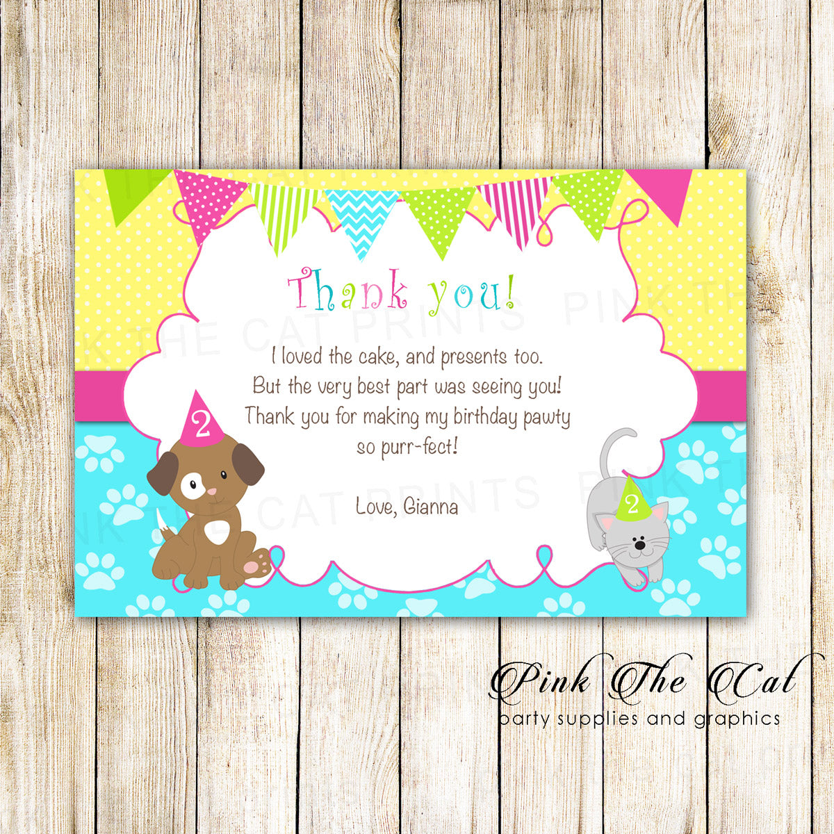 Puppy kitten thank you card kids girl birthday printable