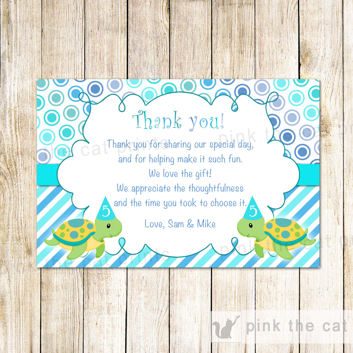 Turtle thank you card kids twins birthday joint party printable