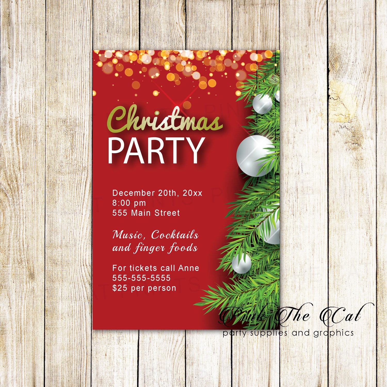 Holiday christmas party invitation red tree ornaments printable