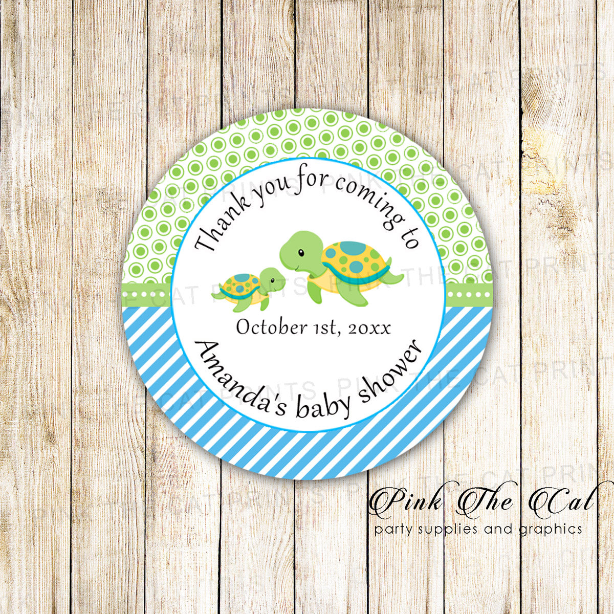 Turtle favor label sticker tag boy baby shower green blue printable