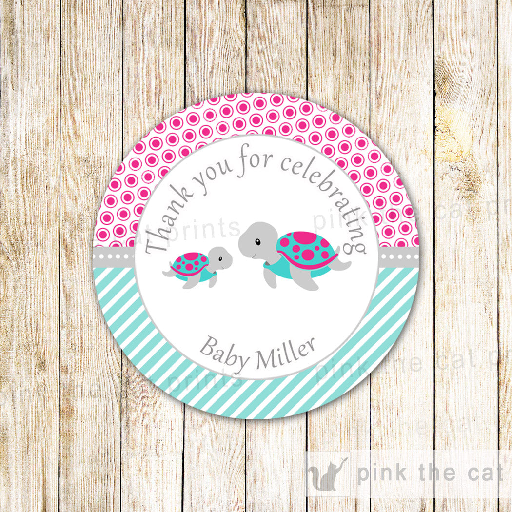 Turtle favor label sticker tag girl baby shower pink teal printable