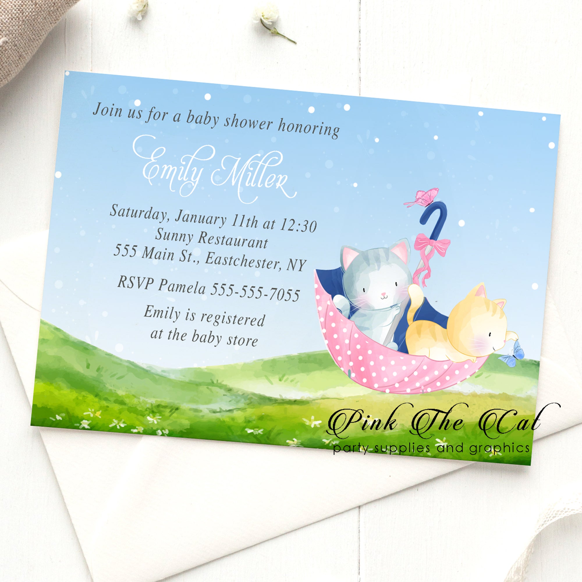 Umbrella kitten invitations pink printable