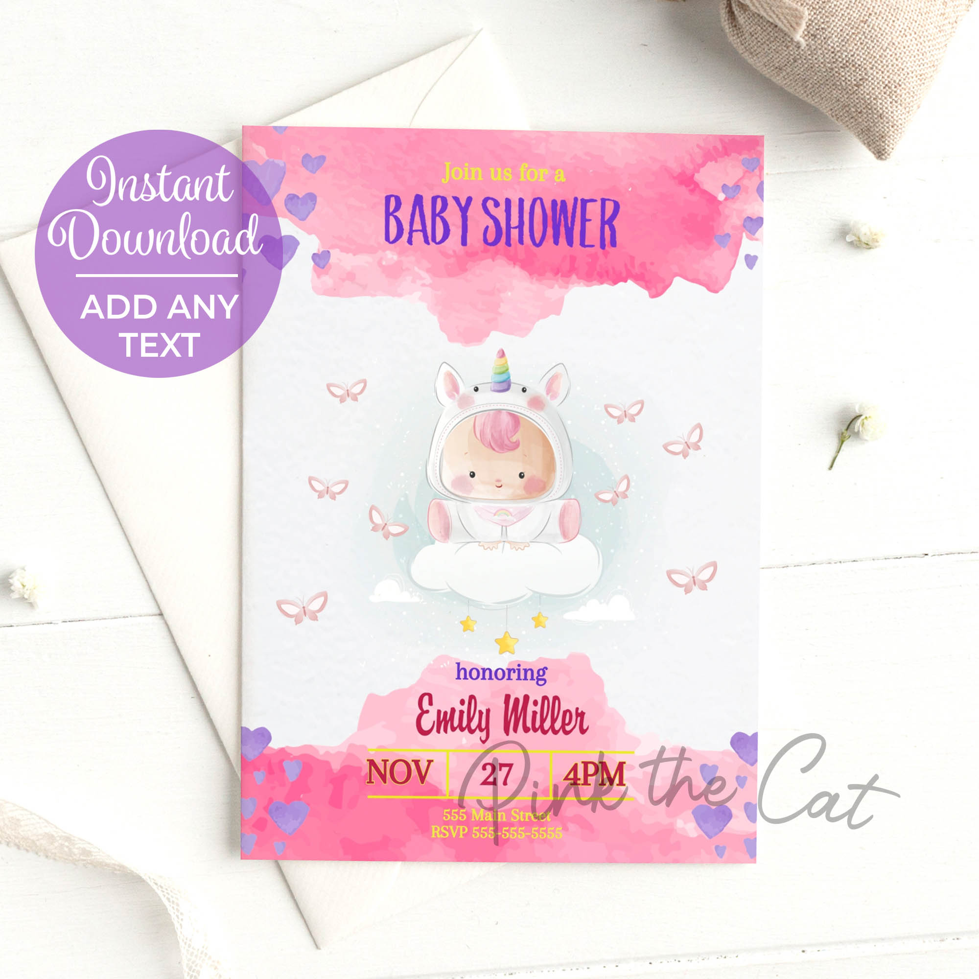 Baby unicorn girl shower invitation
