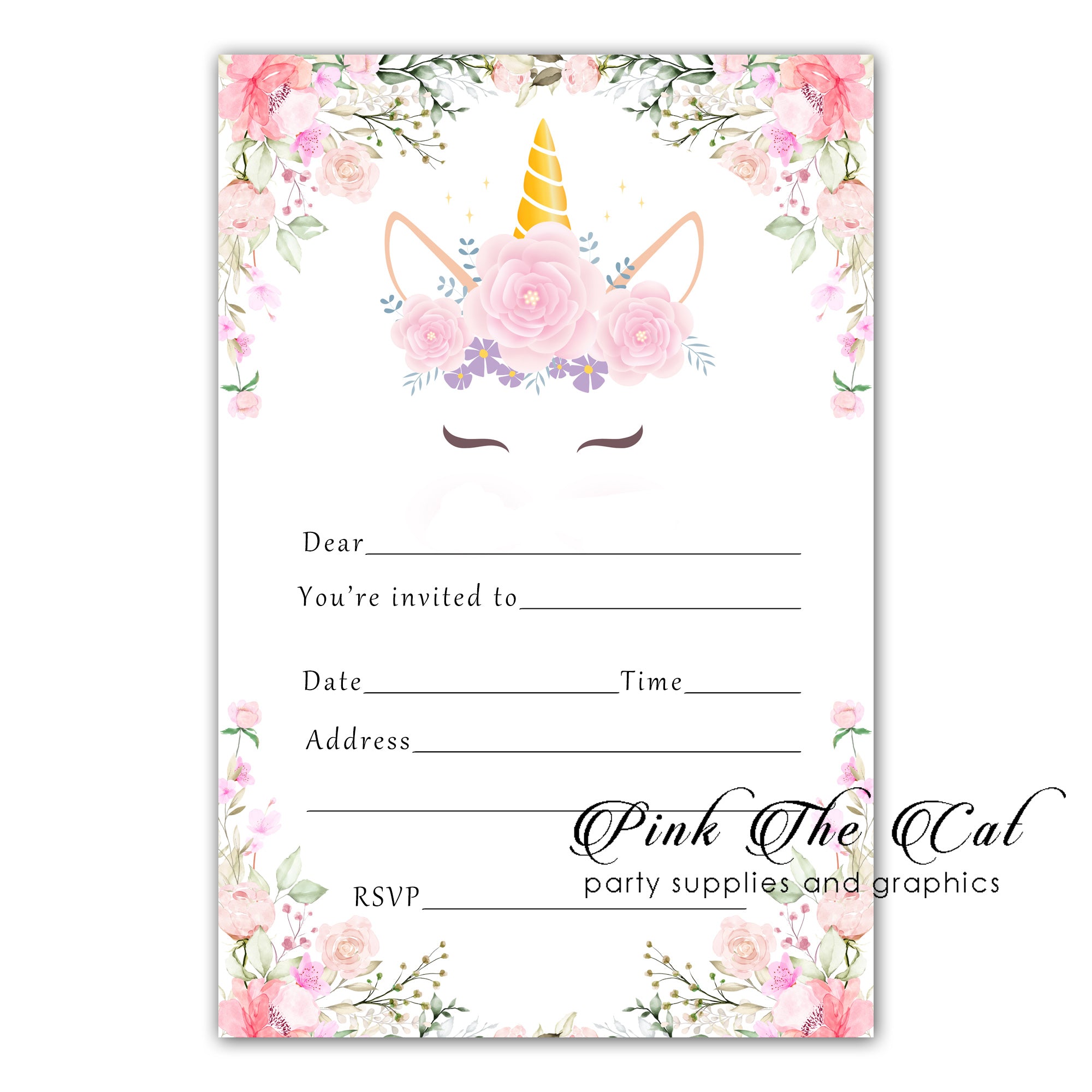 30 unicorn floral invitations fill in birthday baby shower