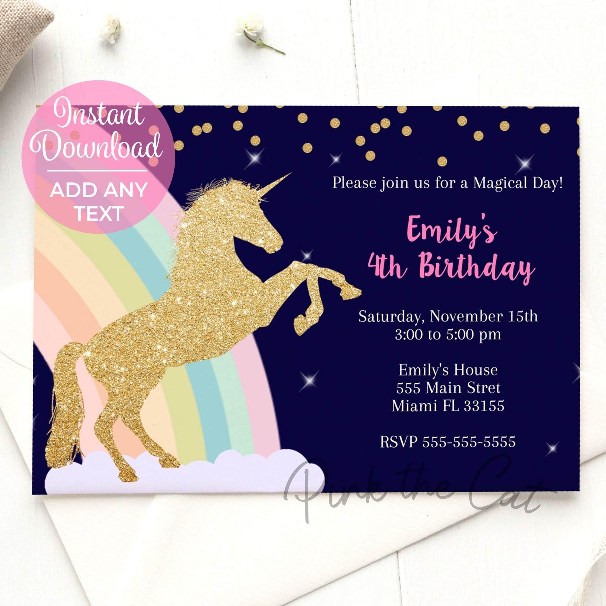 Unicorn Invitation Birthday Party Glitter Rainbow