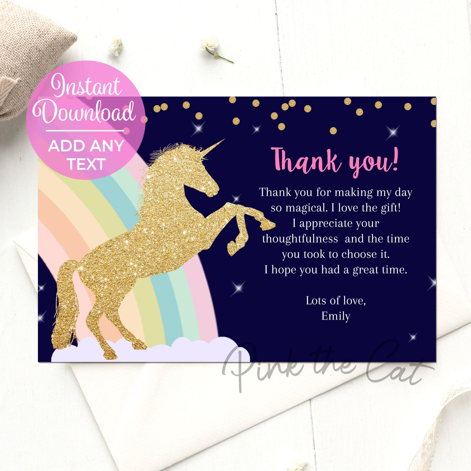 Unicorn rainbow glitter gold thank you card