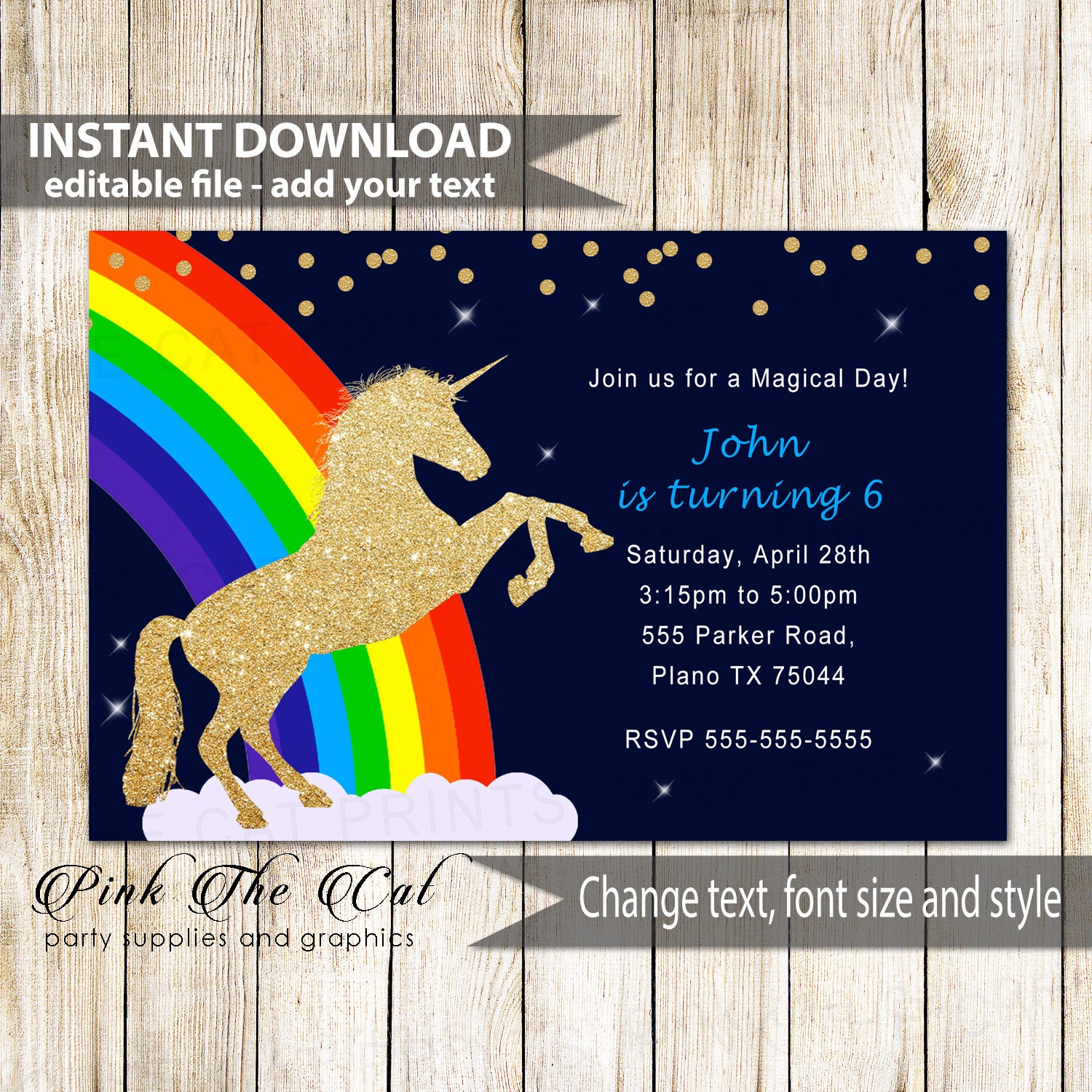 Unicorn Invitation Birthday Party Glitter Rainbow Printable