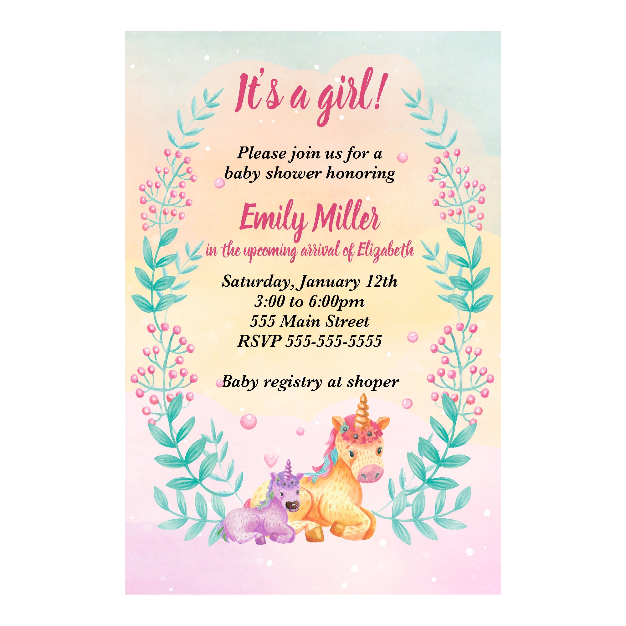 Watercolor unicorn invitation girl baby shower personalized printable