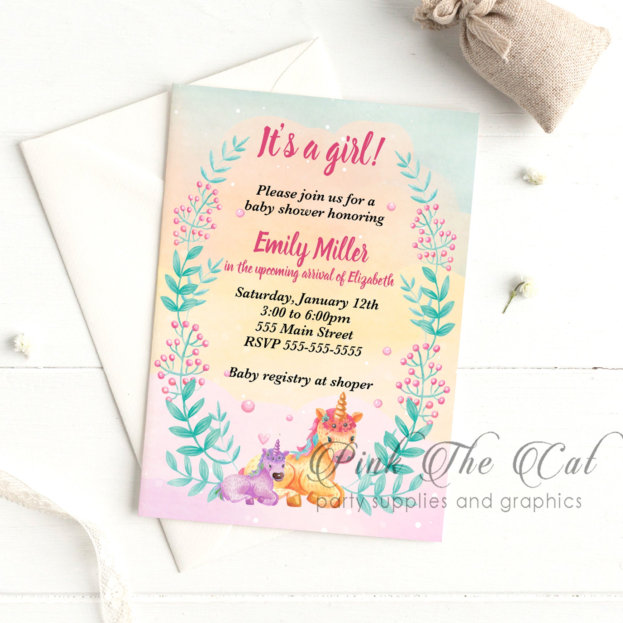 Watercolor unicorn invitation (set of 30)