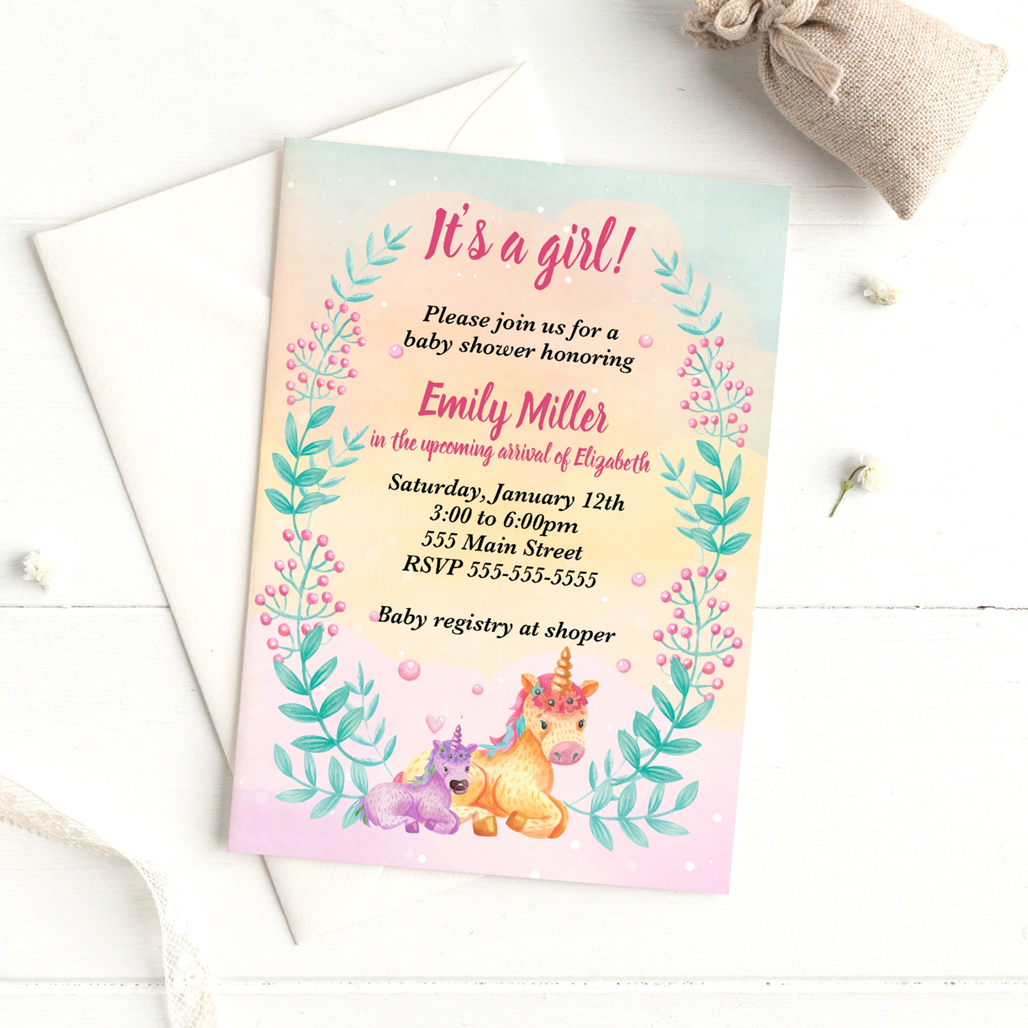 Watercolor unicorn invitation (set of 30)