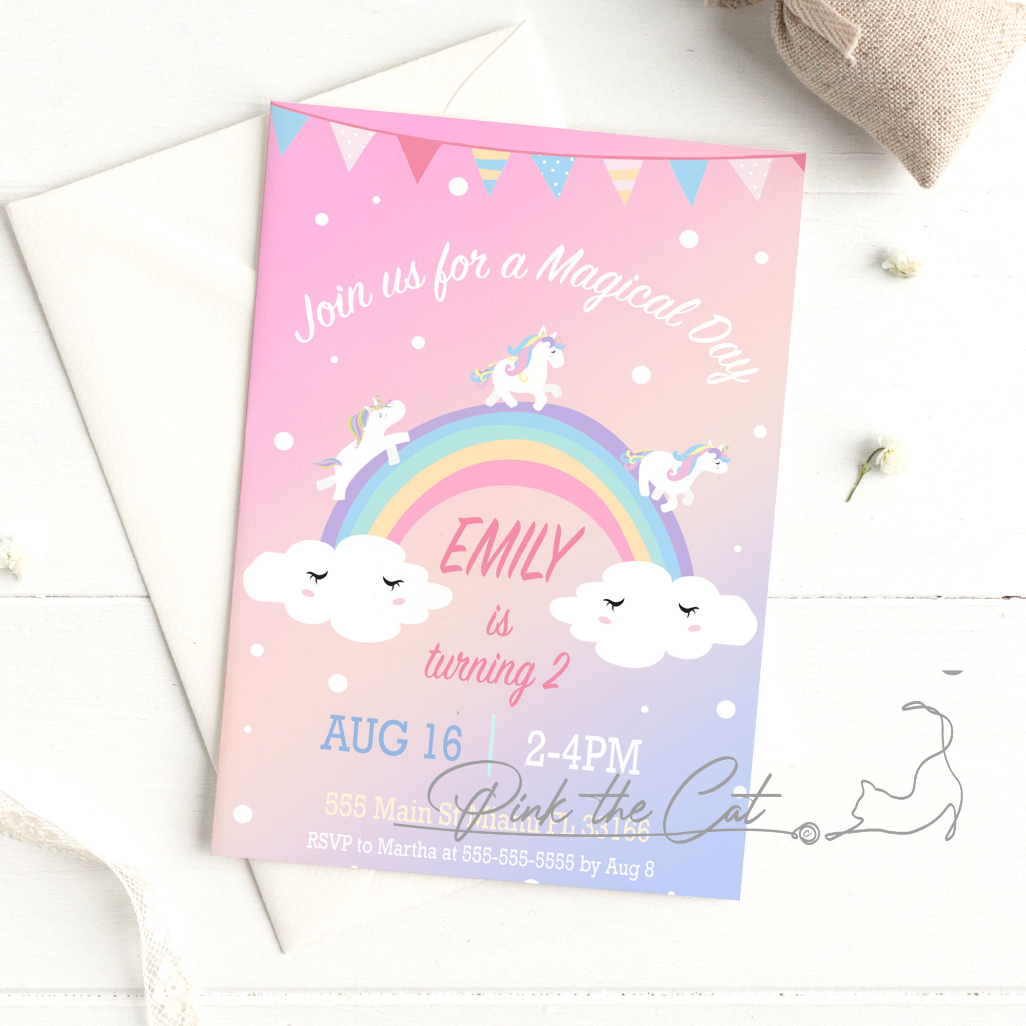 Unicorn birthday girl baby shower invitation rainbow and clouds