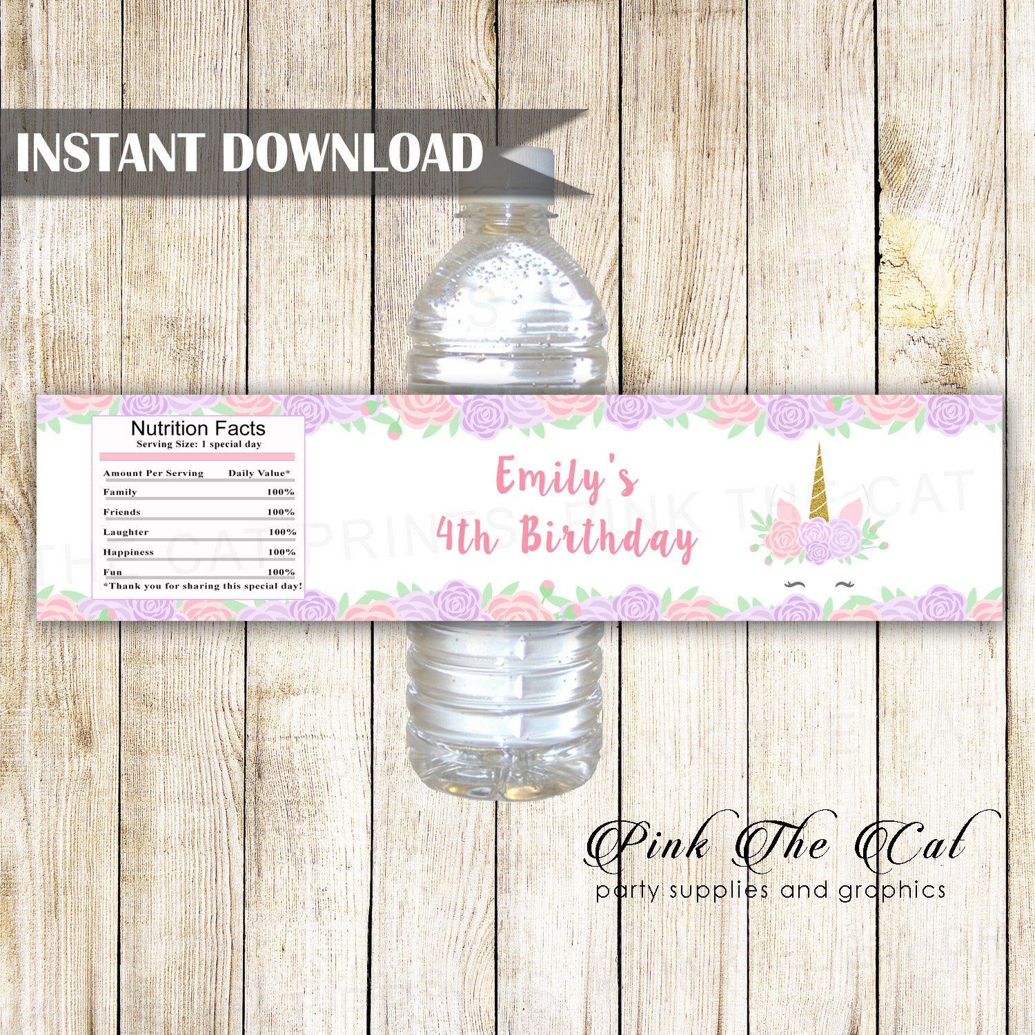 Unicorn floral bottle label instant download