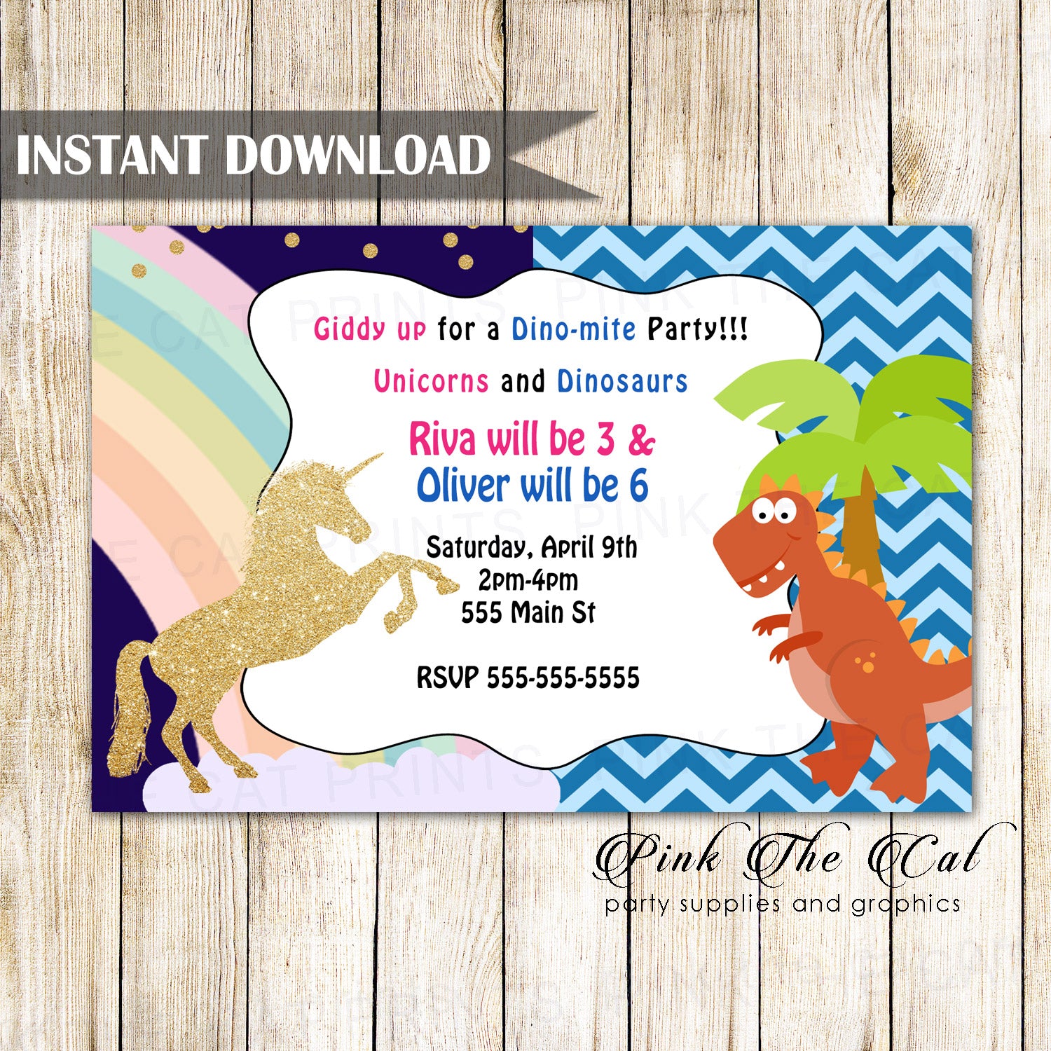 Unicorn Dinosaur Invitation Kids Birthday Girl Boy Printable