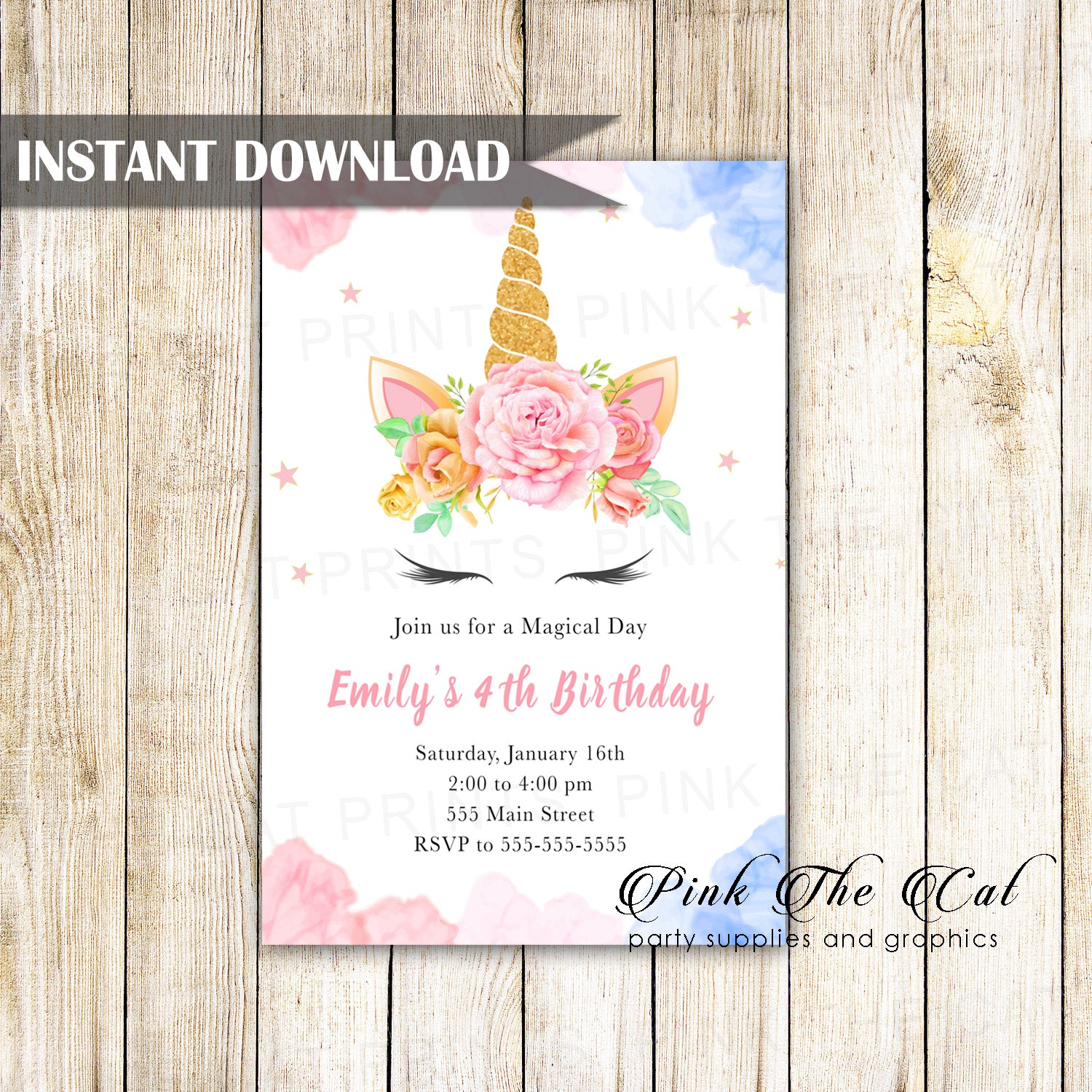 Unicorn Face Invitation Birthday Baby Shower Printable