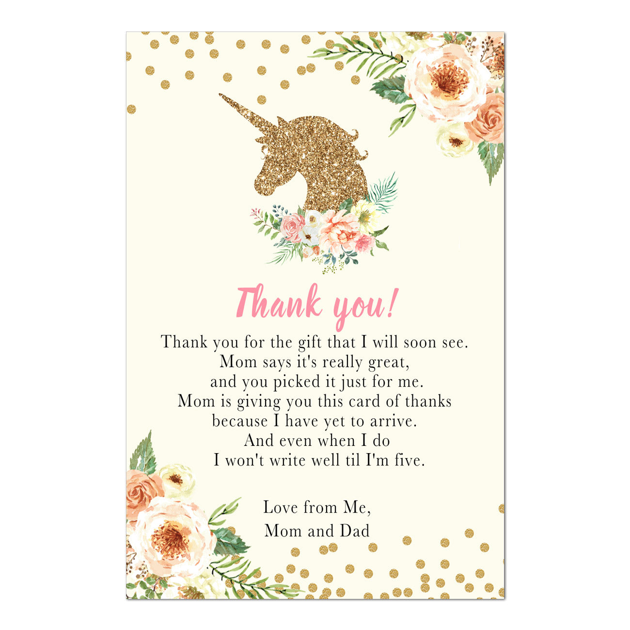 Unicorn thank you cards baby shower peach gold printable