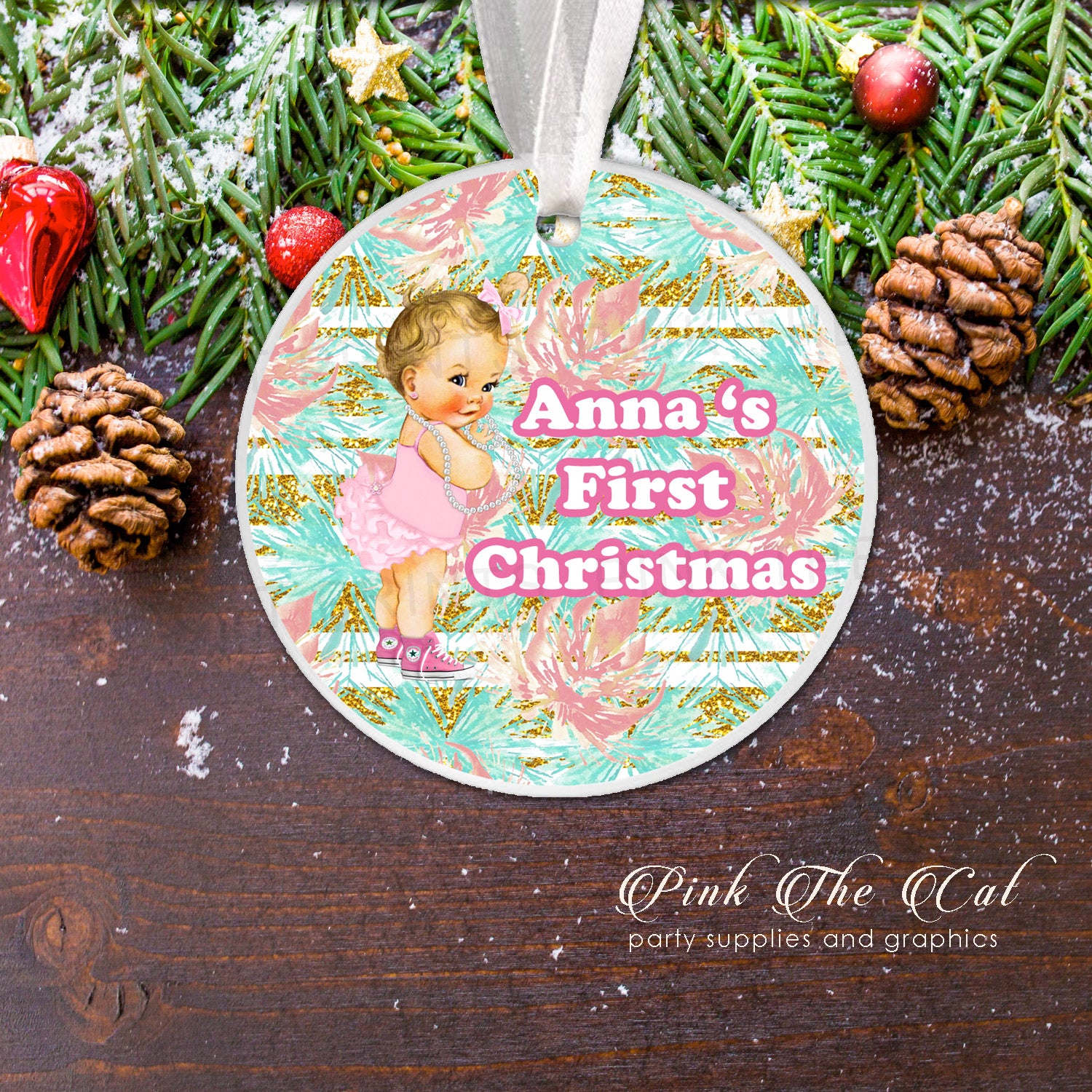Personalized first christmas tree ornament baby girl pearls