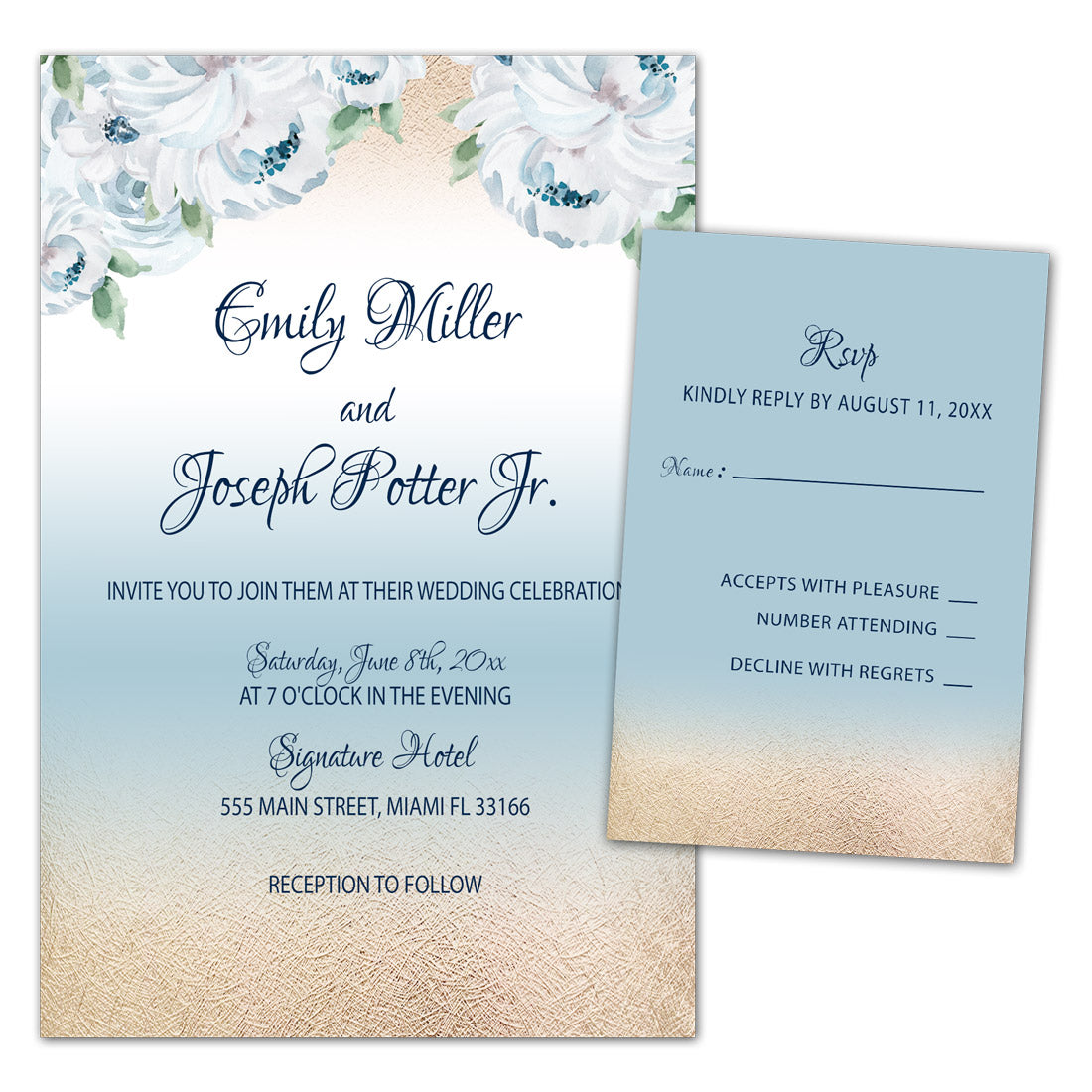 Gold Blue Wedding Invitations & RSVP Cards White Roses