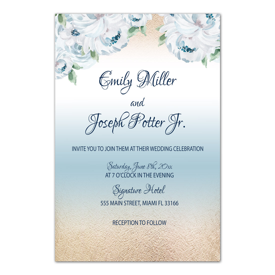 Gold Blue Wedding Invitations & RSVP Cards White Roses