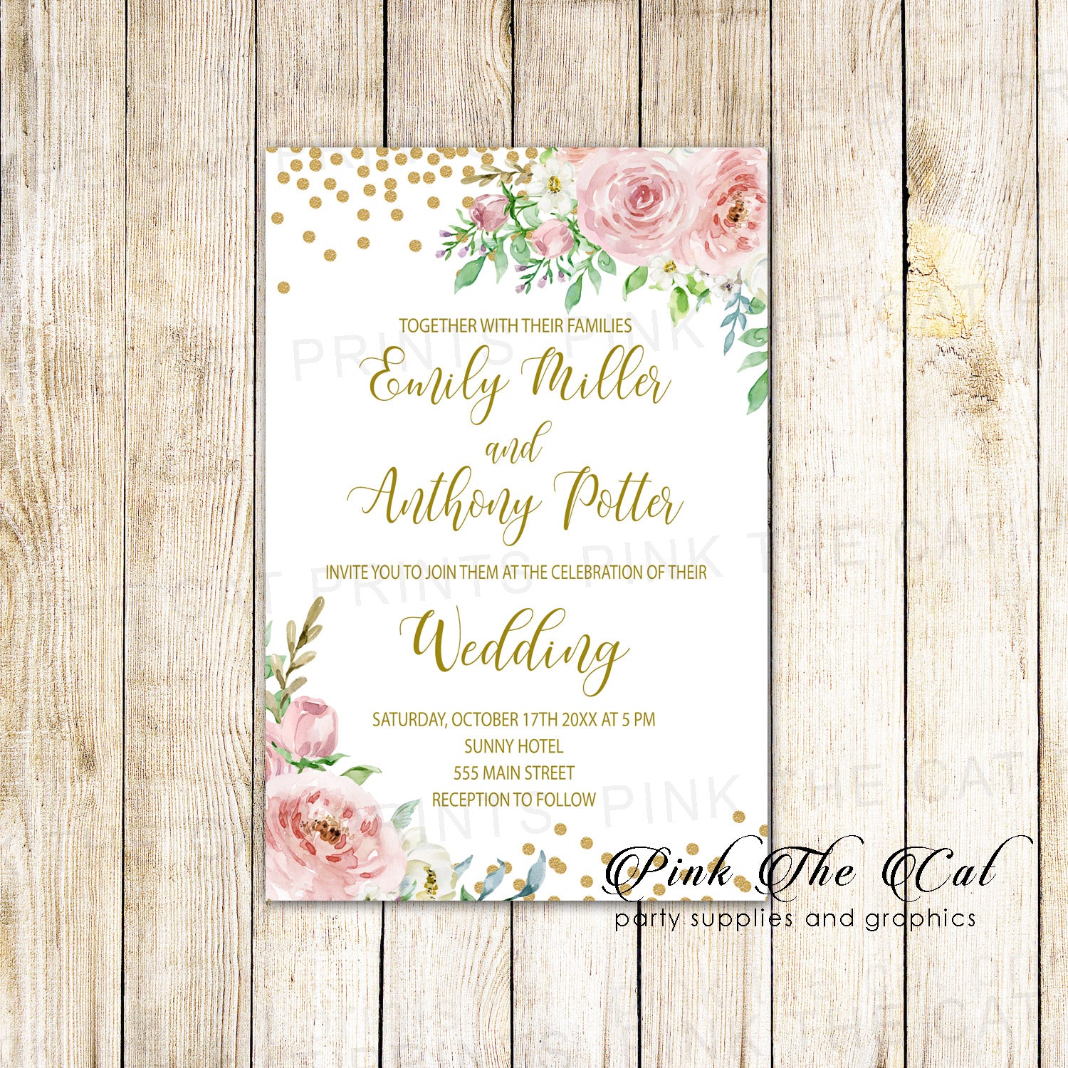 Wedding invitations blush pink confetti gold floral printable