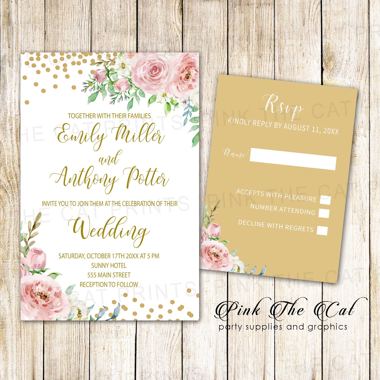 100 printed Floral Wedding Invitations & RSVP Cards Blush Pink Gold