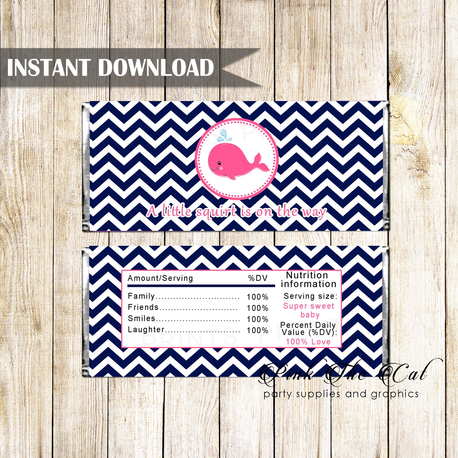 Whale Nautical Girl Baby Shower Candy Bar Wrapper Label Printable 