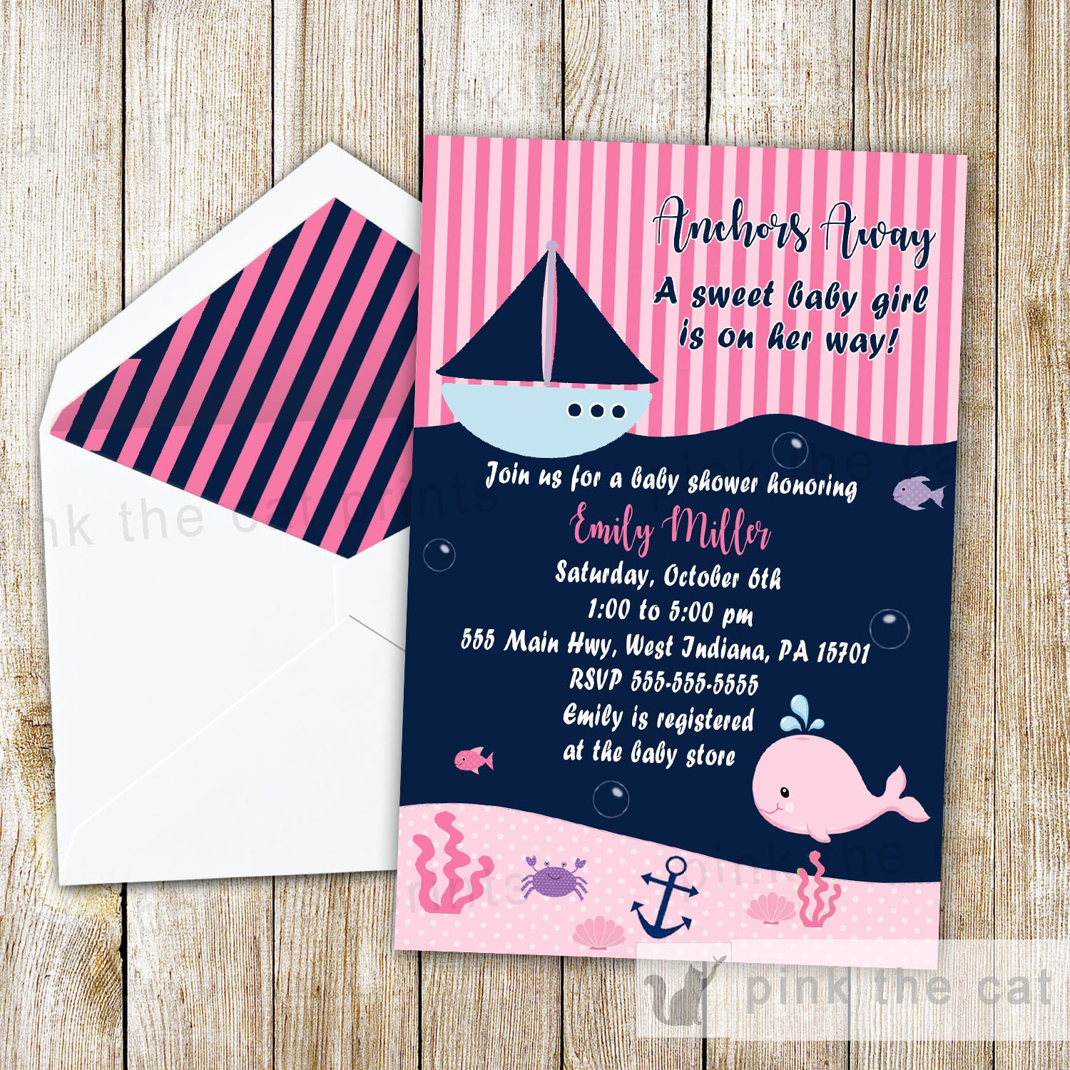 Nautical Invitation Girl Birthday Baby Shower Whale Pink Blue