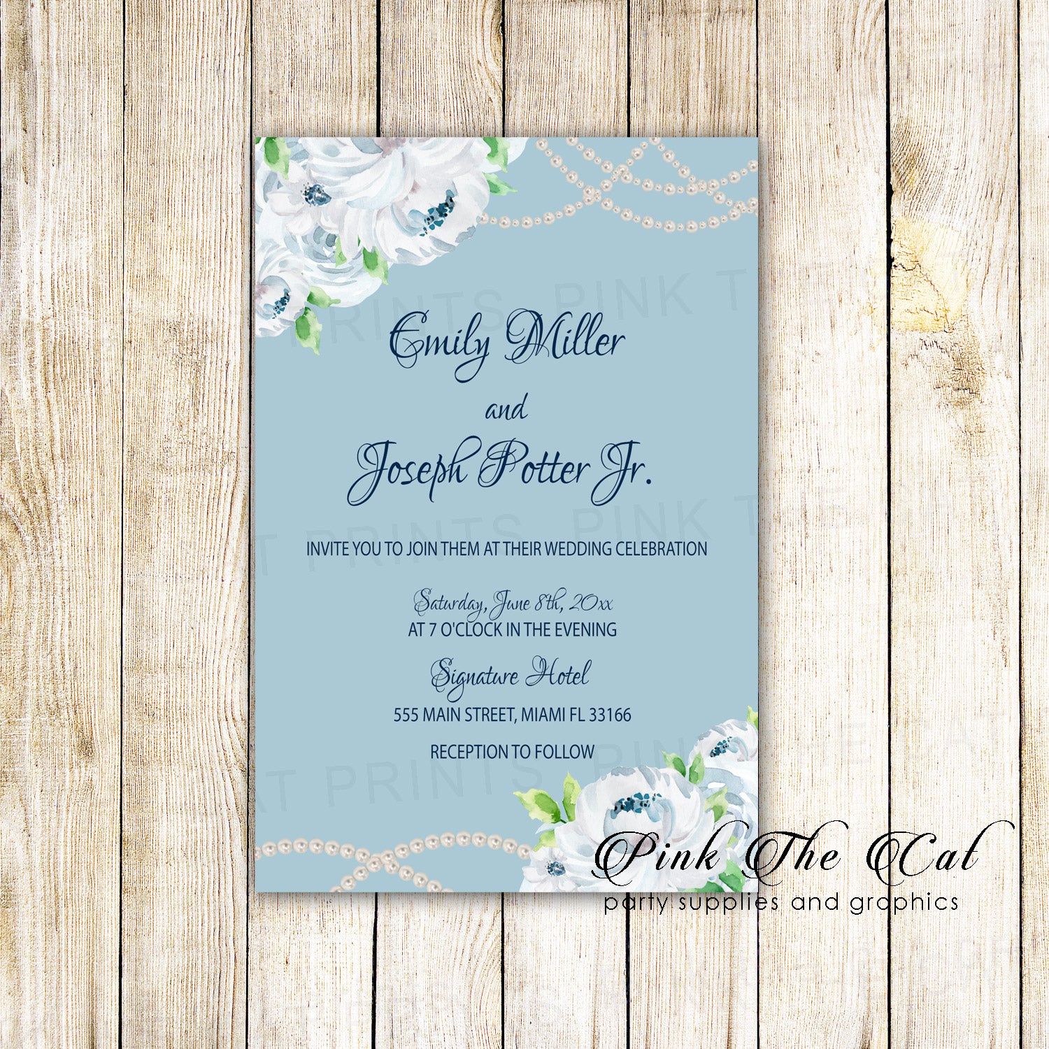 Wedding invitations blue white roses pearls floral printable
