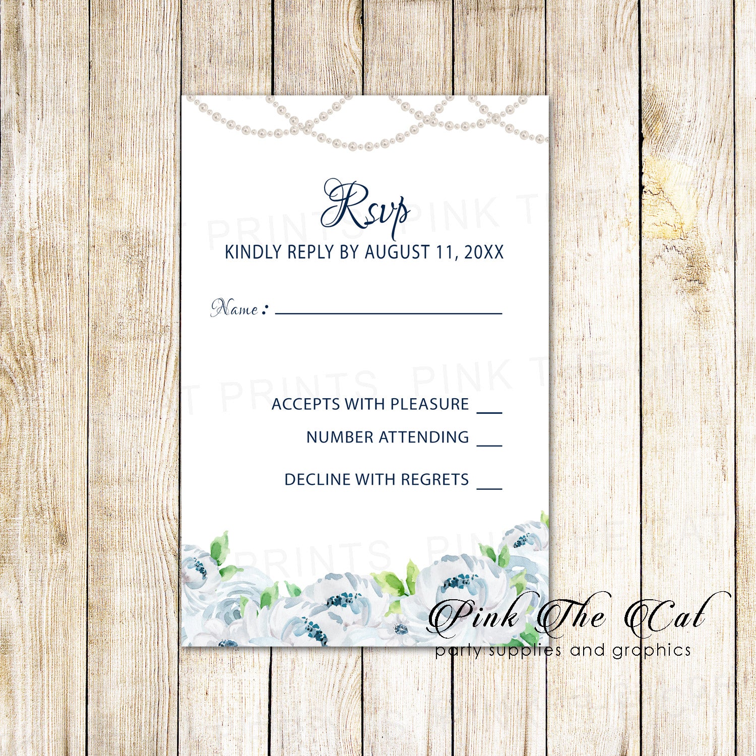 Floral Wedding Invitations & RSVP Cards White Roses Pearls Blue