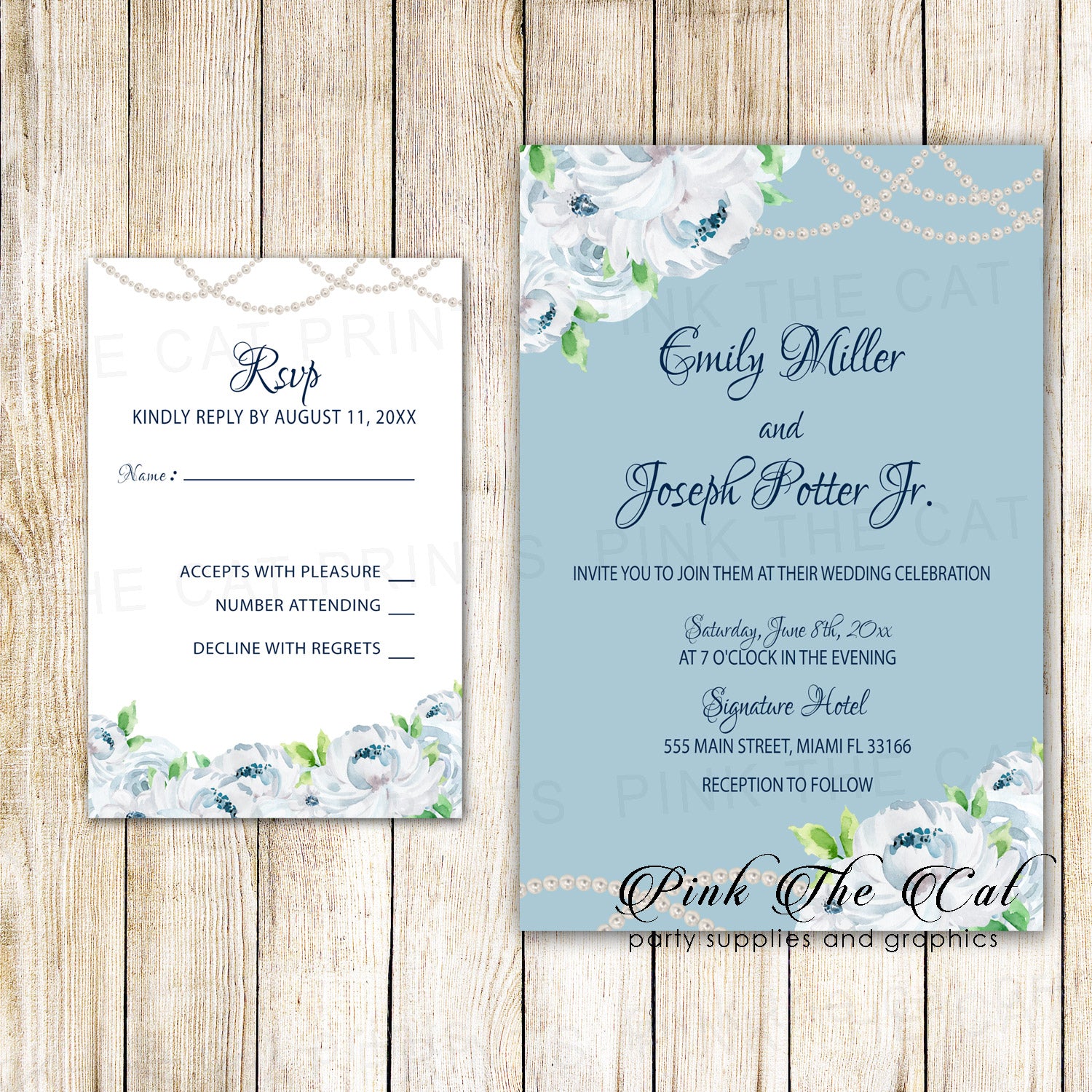 100 Printed Wedding Invitations & RSVP Cards White Roses Pearls Blue