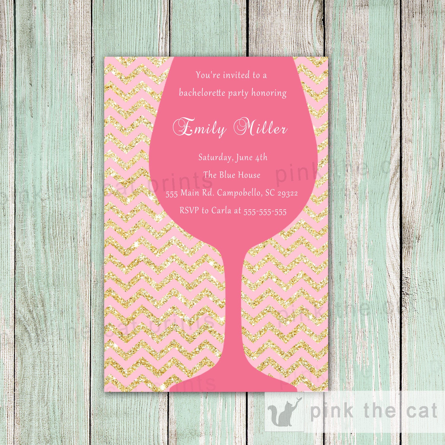 Wine Glass Invitation Gold Glitter Pink Birthday Bridal Shower