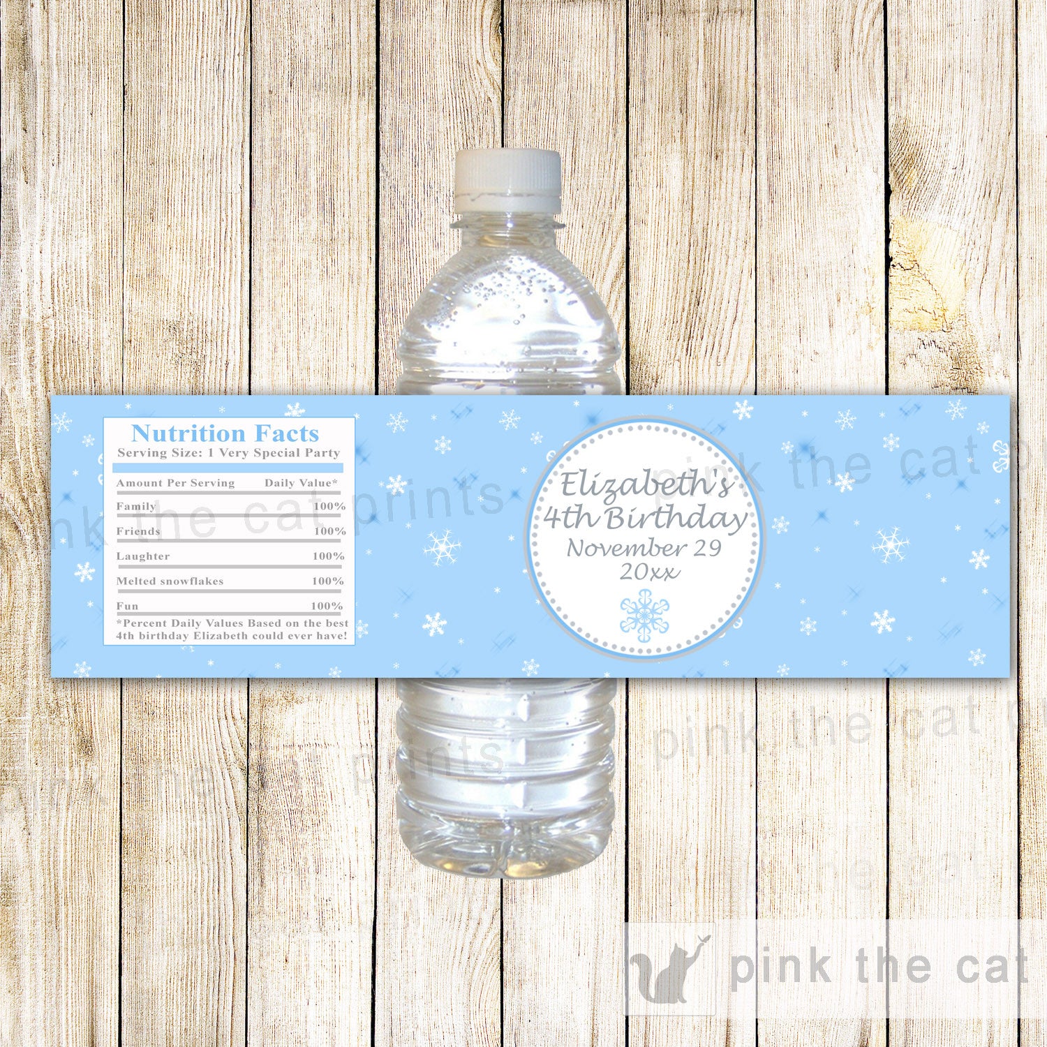 Winter Bottle Label Wrapper Baby Bridal Shower Kids Birthday Blue Silver