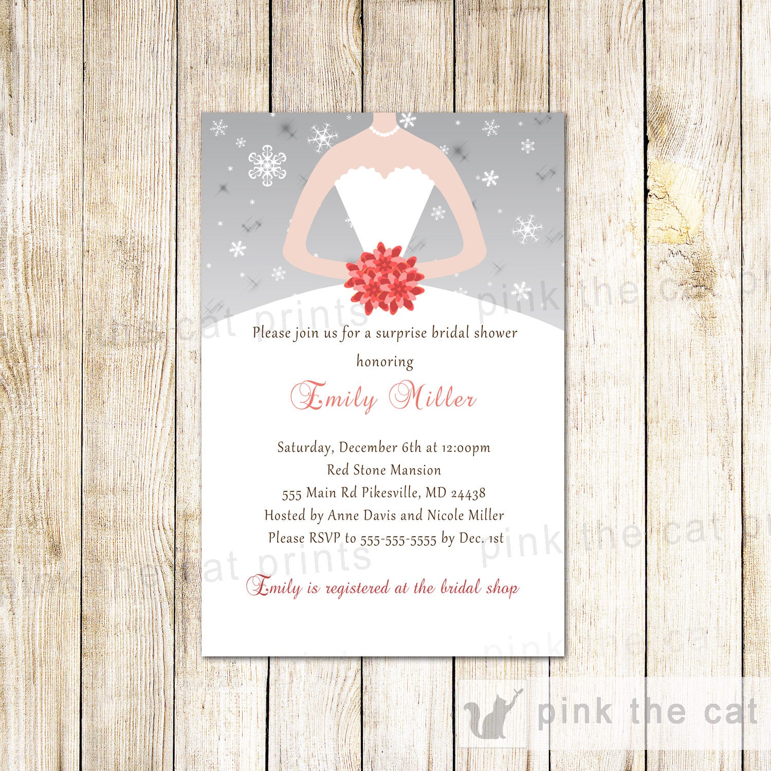 Winter Invitation Sweet 16 Bridal Shower Silver Coral Dress