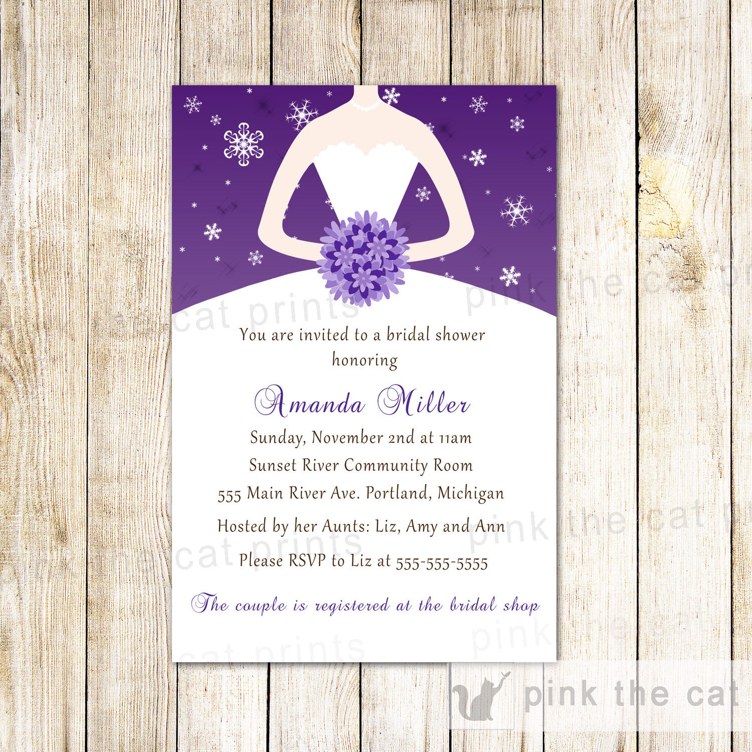 Winter Invitation Sweet 16 Bridal Shower Purple Dress