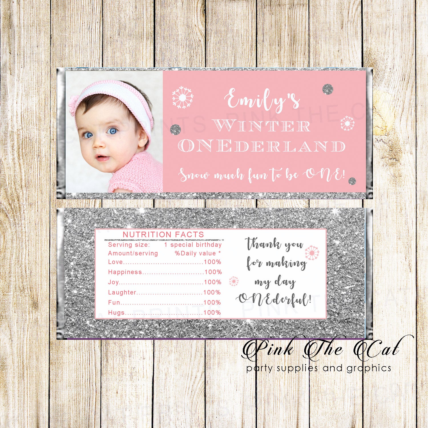 Candy Bar Wrappers Winter Onederland Glitter Silver Pink Printable