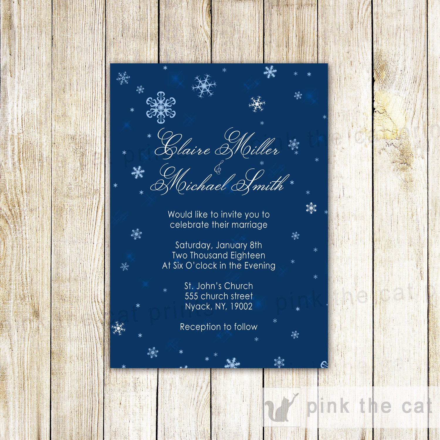 Winter Wedding Invitation Navy Blue Snowflakes