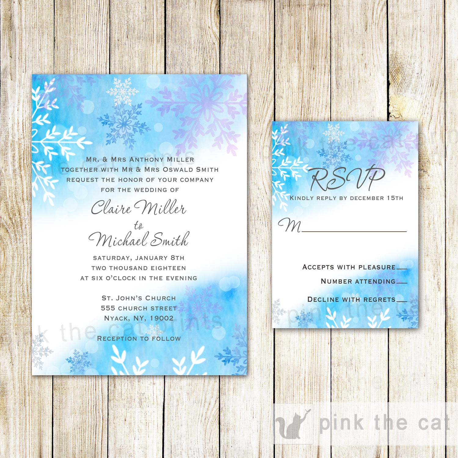 Wedding Invitation & RSVP Card Winter Watercolor