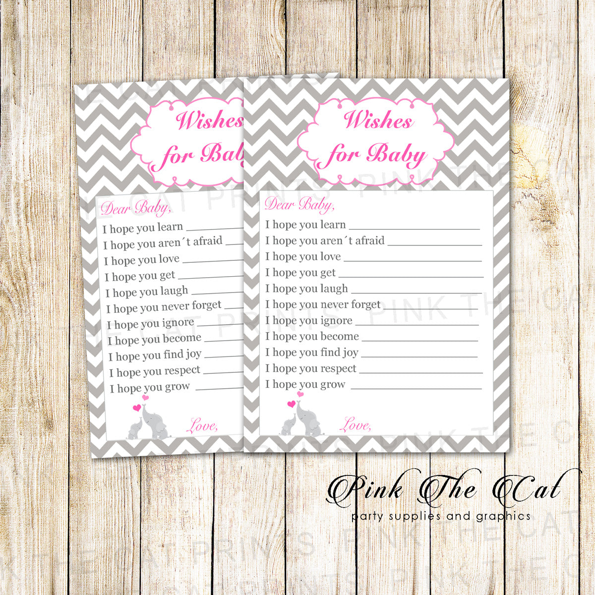 30 Printed Cards Wishe for Baby Pink Elephant Baby Shower