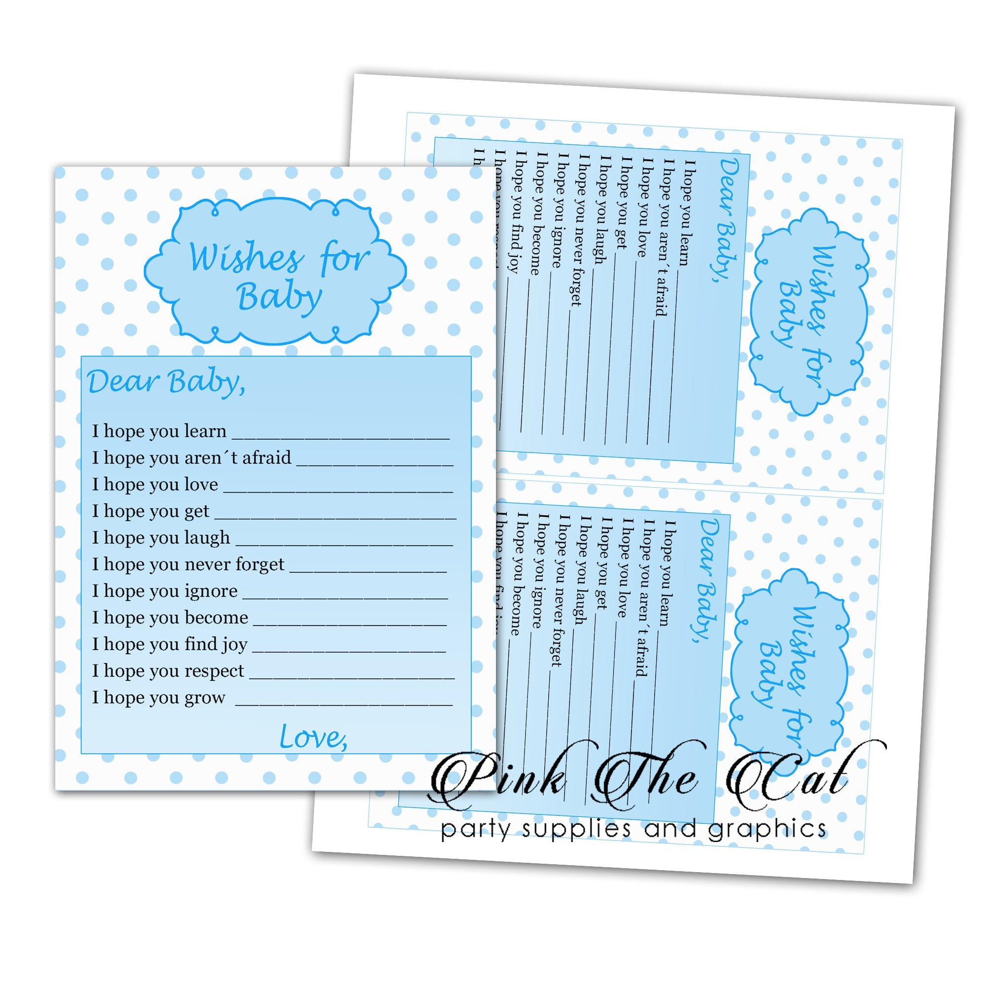 Wishes for Baby Card Blue Polka Dots Boy Baby Shower Printable