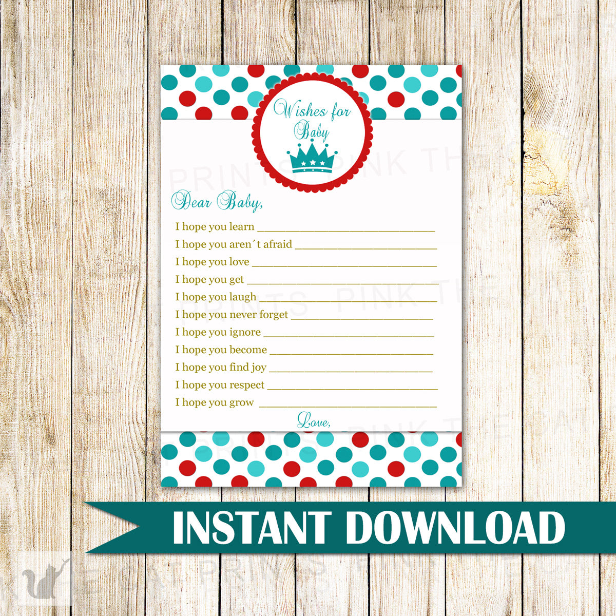 Wishes for Baby Card Prince Polka Red Teal printable