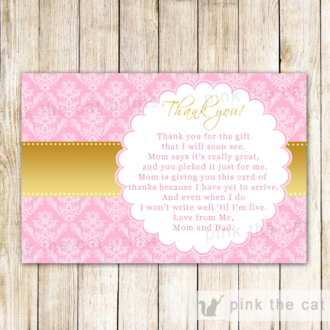 Gold Pink Thank You Note Birthday Baby Shower