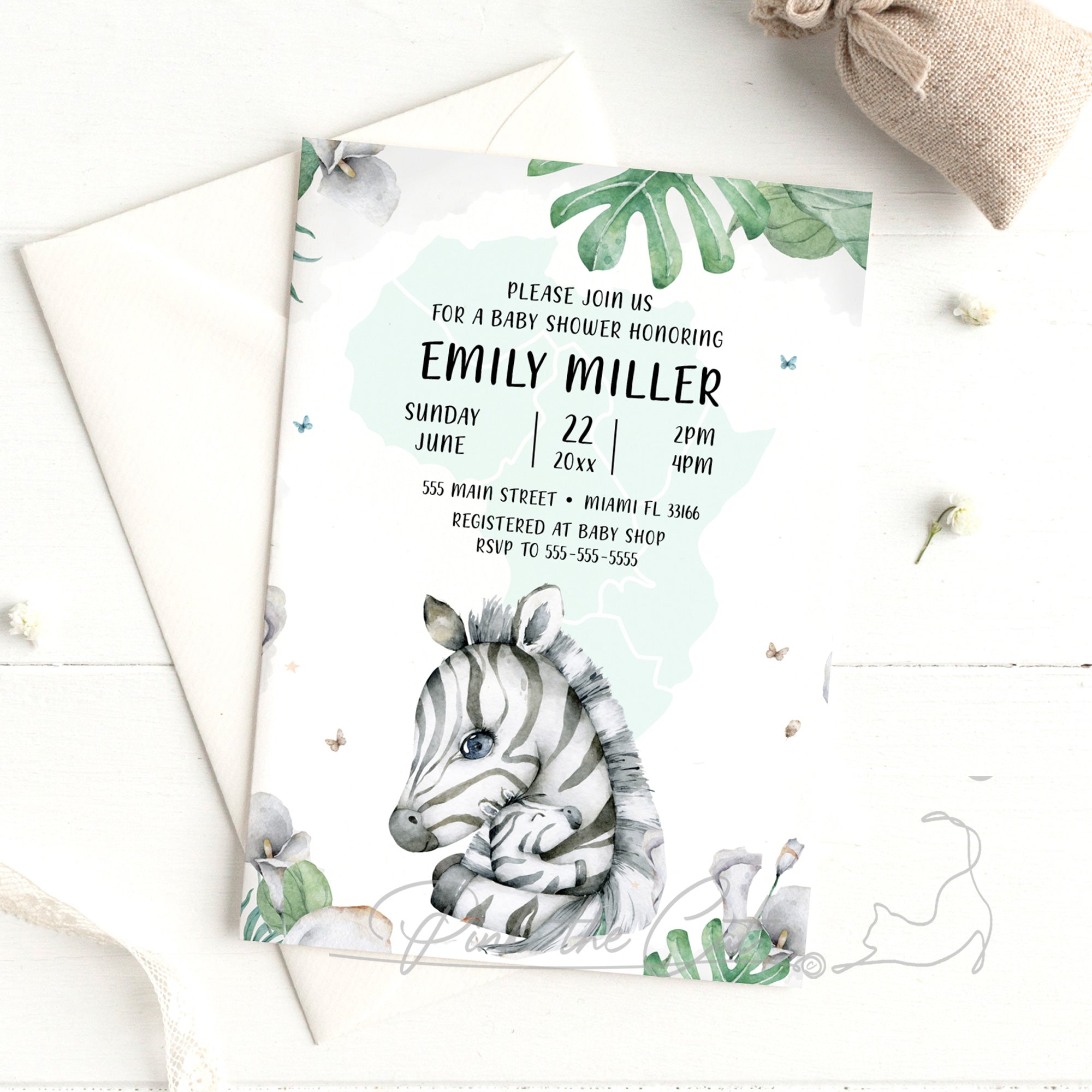 Mom and baby zebra watercolor invitation