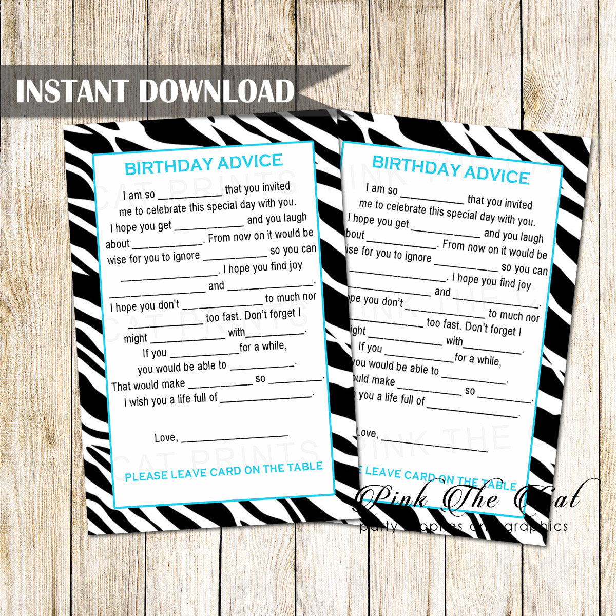 Adult birthday advice card blue black zebra printable