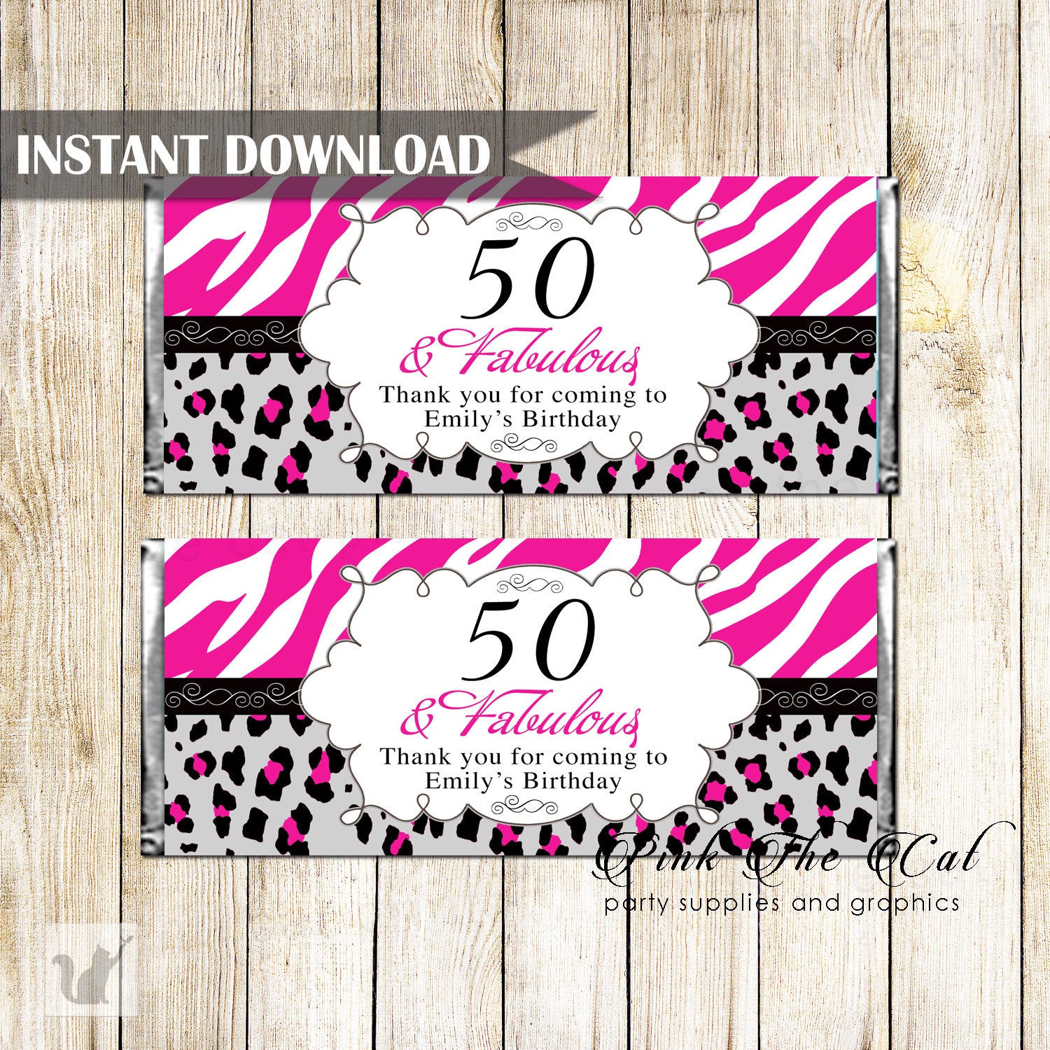 Candy bar wrappers adult birthday hot pink black zebra printable