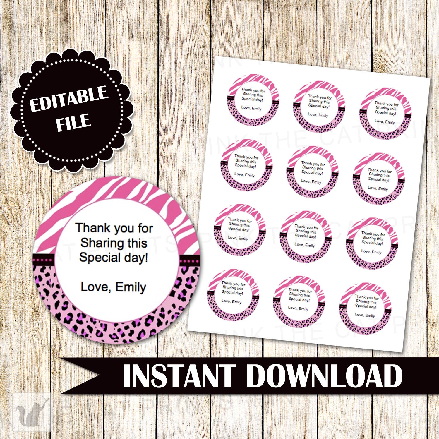 Hot Pink Black Zebra Favor Label Tag Sticker Girl Birthday Bridal Baby Shower