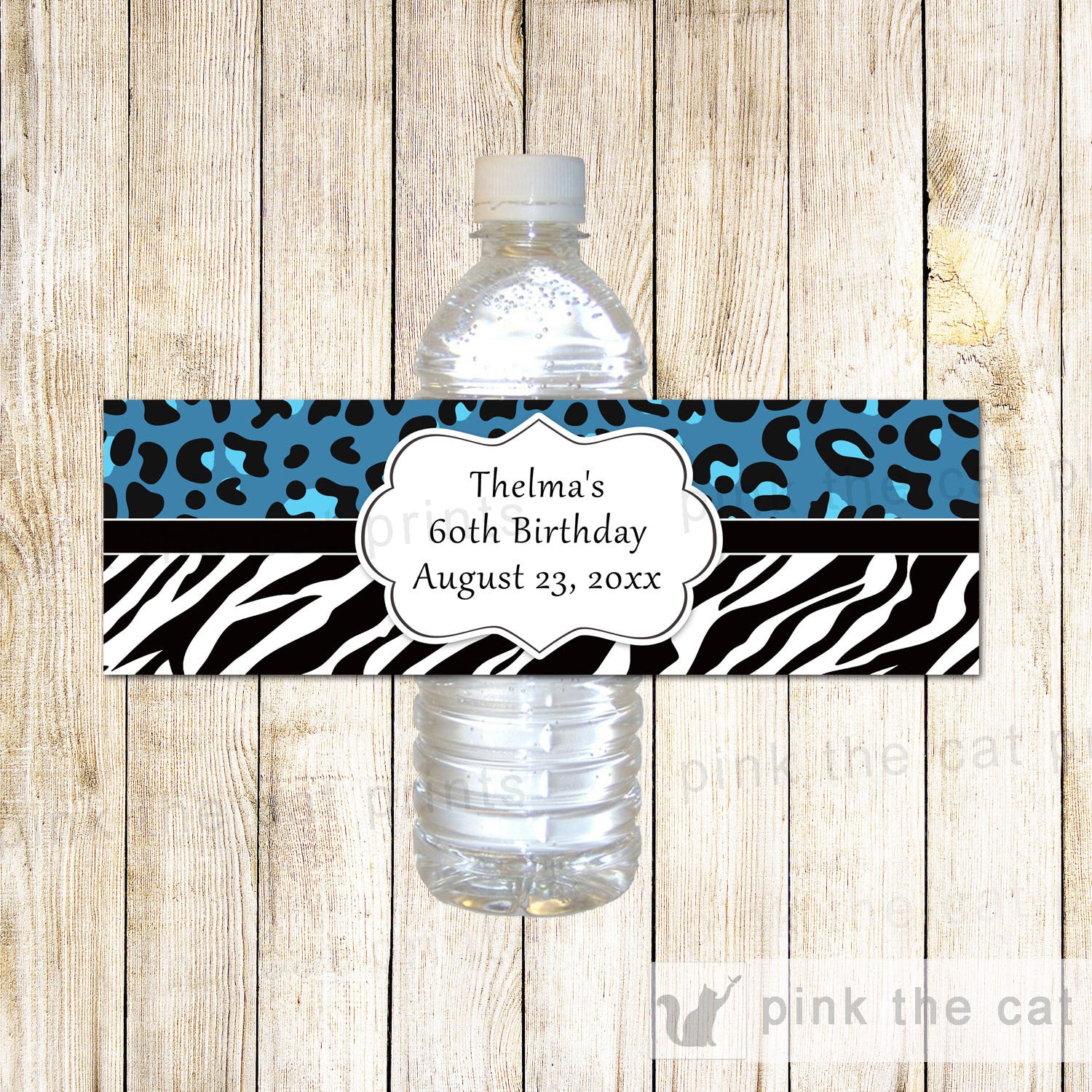 Zebra Cheetah Bottle Label Birthday Bridal Baby Shower Teal Black