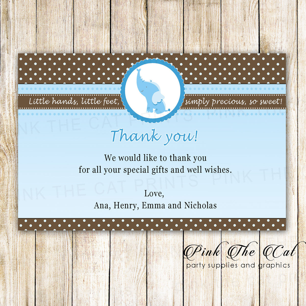 30 Thank You Cards Elephant Blue Brown Birthday Baby Shower